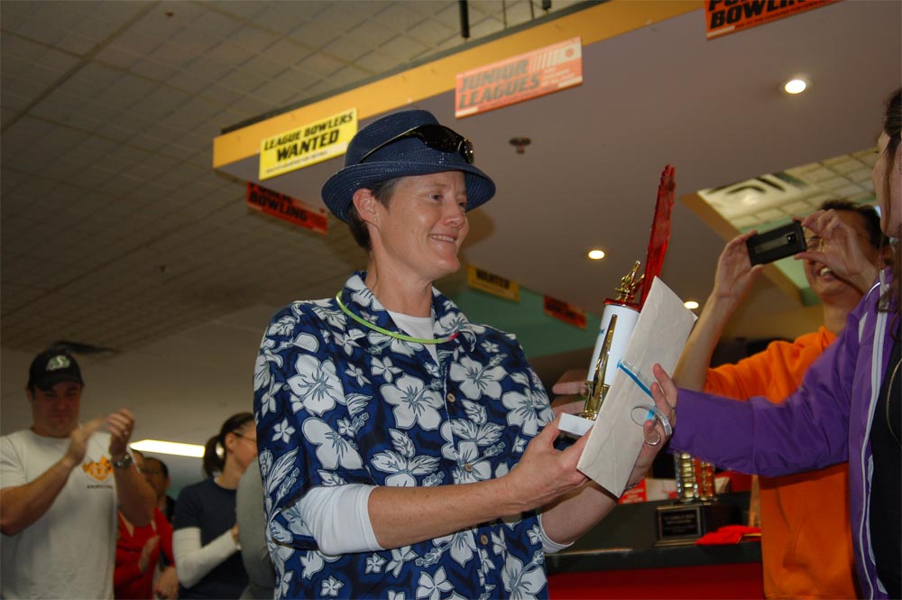 Jan accepts her well earned Top Kick Ass Fundraiser trophy Jan accepts Kick Ass Trophy.JPG
